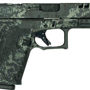 Camouflage-pattern semi-automatic pistol shown in profile.