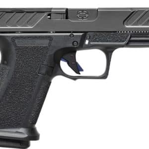 Side view of a black semi-automatic pistol with a textured grip and accessory rail on the frame.