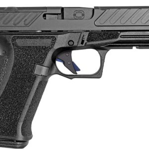 Black semi-automatic pistol with textured grip and accessory rails, shown in profile, left-side view.