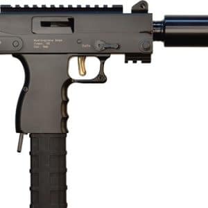 Black MP5-style submachine gun with a suppressor attached, shown in profile against a white background.
