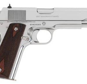 Silver semi-automatic pistol with a brown textured grip.