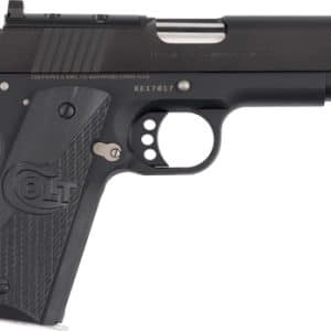 Colt 1911-style semi-automatic pistol shown from the left with a black finish and textured grip.