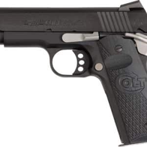 Left-side view of a black Colt semi-automatic pistol with a textured grip and silver hammer.