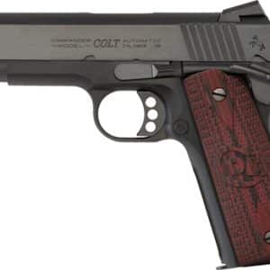 Colt Commander-style semi-automatic pistol with a silver slide and dark wood grips, shown in profile (Caliber .45).