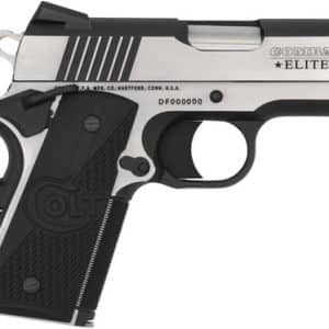 Silver and black semi-automatic handgun with 'Combat Elite' engraving on the slide (side view). Readable grip texture and trigger guard visible.