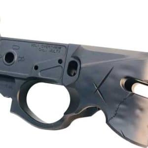 AR-15-style lower receiver component viewed from the side, showing the trigger opening and grip area (gun part).