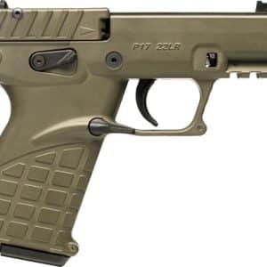 Tan P17 22LR semi-automatic pistol with a textured grip and Picatinny rail on the top surface.