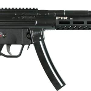 Black PTR-style assault rifle with curved magazine and vented handguard, shown from the left side.