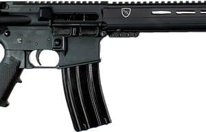Black modern tactical rifle with collapsible stock, picatinny rail, and curved magazine along a white background.