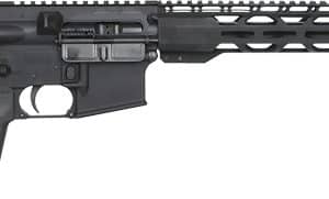 Black semi-automatic rifle with adjustable stock, pistol grip, and long modular handguard.