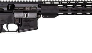 AR-15 style semi-automatic rifle with adjustable stock and long quad-rail handguard laid horizontally