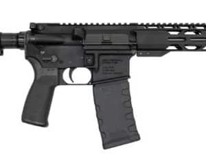 Black semi-automatic rifle with adjustable stock, pistol grip, quad-rail handguard, and detachable curved magazine.