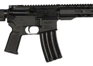 Black AR-style rifle with a collapsible stock, pistol grip, and a curved 30-round magazine set against a white background.
