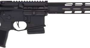 Black modern sporting rifle viewed in profile, featuring a collapsible stock, pistol grip, and long handguard with rail sections.