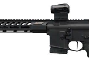 Black modern sporting rifle with a long rail, red dot sight, and collapsible stock.