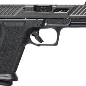 Side view of a black semi-automatic pistol with a Picatinny accessory rail and serrated slide grip