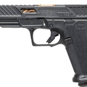 Black semi-automatic pistol with a textured grip and copper-colored muzzle, shown in right-side profile (model MR920L).