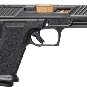 Black semi-automatic pistol with a gold-toned slide and textured grip viewed from the side.