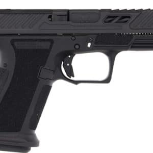 Side view of a black semi-automatic pistol with textured grip, rails, and slide serrations