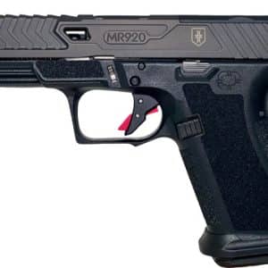 Semi-automatic pistol in profile: gray slide, black textured grip, red trigger safety, MR920 model logo visible.