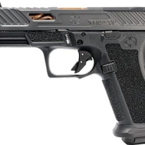 Side view of a black semi-automatic pistol with a textured grip and accessory rail on the frame.