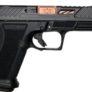 Semi-automatic pistol in black with copper-colored slide, shown from the side.