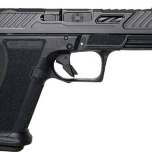 Semi-automatic pistol shown in left profile with textured grip, rail, and serrated slide.