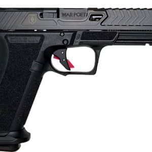 Side view of a black semi-automatic pistol with a textured grip and accessory rail on the frame.