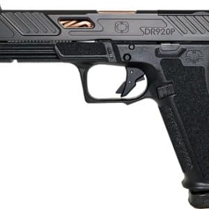 Side view of a black semi-automatic pistol with textured grip and tactical slide marked SDR920P on the side.