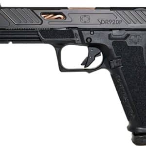 Semi-automatic handgun shown from the side, black textured grip and gray slide (model SDR920P).