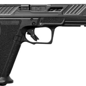 Side view of a black semi-automatic pistol with textured grip and accessory rail on top.