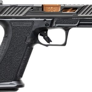 Side view of a black semi-automatic handgun with a textured grip and orange safety indicator on the slide rail area