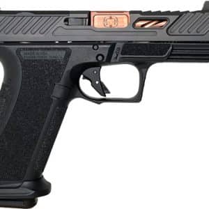 Side view of a black semi-automatic pistol with a copper-colored slide.
