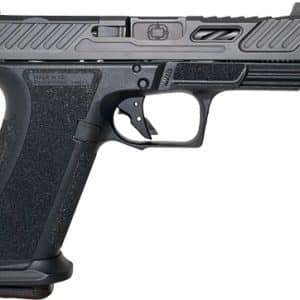 Side view of a modern semi-automatic pistol with a textured grip and accessory rail on top; black and gray finish.