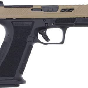 Semi-automatic pistol shown in side profile with a tan slide and black grip