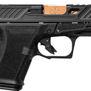 Side view of a black semi-automatic pistol with a textured grip and bronze slide accents.