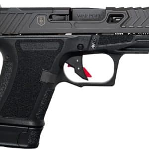 Side view of a black semi-automatic handgun with textured grip and red trigger safety visible, on a white background