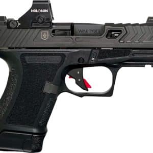 Black semi-automatic handgun in profile, with a mounted optic sight, textured grip, and red trigger safety on a white background.