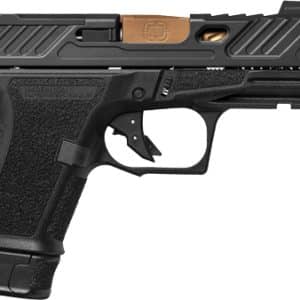 Black semi-automatic pistol shown in profile with a textured grip and bronze accent on the slide rail area.