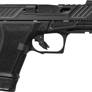 Left-side profile of a black semi-automatic pistol with a textured grip and accessory rail under the barrel
