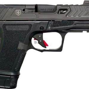 Side view of a black semi-automatic handgun with a textured grip and red trigger safety.