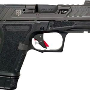 Black semi-automatic pistol with textured grip, tactical slide details, and a red trigger safety outline visible on a white background.
