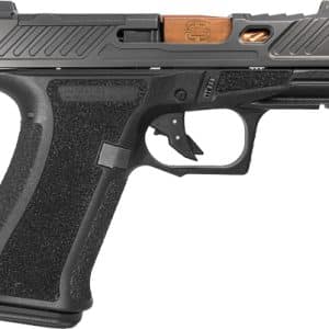 Side view of a black semi-automatic pistol with a textured grip and serrated slide edge.