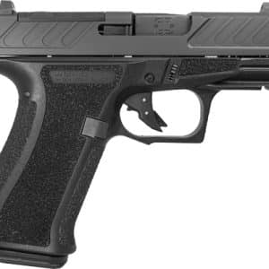 Right-facing view of a black semi-automatic pistol with a textured grip and trigger guard in view.