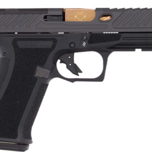 Side view of a black semi-automatic pistol with textured grip and gold-toned slide accents, shown in profile.