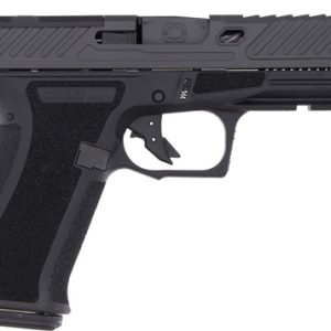Side view of a black semi-automatic pistol with a textured grip.
