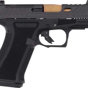 Side view of a black semi-automatic pistol with a textured grip and copper-colored slide components.