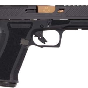 Side view of a black semi-automatic pistol with a textured grip.