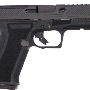 Black semi-automatic pistol with a textured grip and accessory rail visible from the side.
