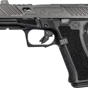 Black semi-automatic pistol shown in profile with textured grip and accessory rail